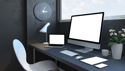 Canvas Print - navy blue workspace with responsive devices mockup