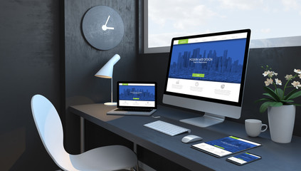 Canvas Print - navy blue workspace with responsive devices modern web design