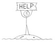 © Zdenek Sasek - Cartoon stick figure drawing conceptual illustration of castaway man surviving alone on small island and holding help sign.