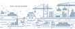 © Good Studio - Horizontal banner with sea port, marine cargo terminal, freight vessels or ships carrying containers drawn with contour lines. Maritime transportation. Monochrome vector illustration in linear style.