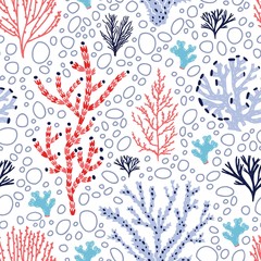 Seamless pattern with red and blue corals and seaweed on white background. Backdrop with tropical aquatic species, sea biodiversity. Flat colorful vector illustration for wallpaper, fabric print.