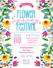 Flower Spring Festival Announcing Poster Template. Garden Party Layout With Fancy Flowers In Folk Painting Style.