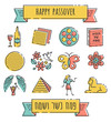 Jewish holidays icons for Passover – (Icon style - dotted line with fine fill color) Caption in Hebrew at the bottom: Kosher and Happy Passover. On the book: Hagada of Pesach