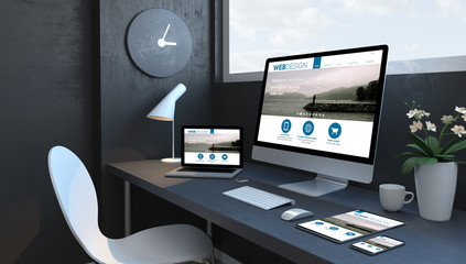 Wall Mural - Navy blue workspace with responsive devices responsive design website