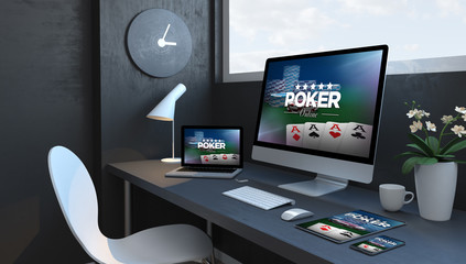 Canvas Print - navy blue workspace with responsive devices poker responsive design website
