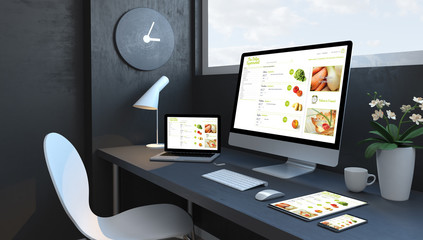 Canvas Print - navy blue workspace with responsive devices online supermarket responsive design website