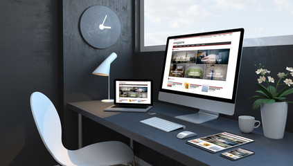 Wall Mural - navy blue workspace with responsive devices trends magazine website