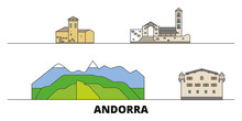 Andorra Flat Landmarks Vector Illustration. Andorra Line City With Famous Travel Sights, Design Skyline. 