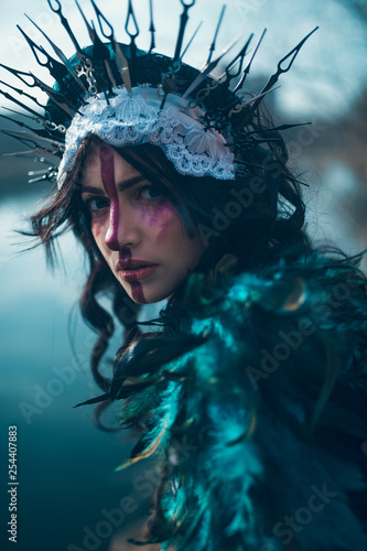 Portrait of young woman in the image of a fairy and a sorceress standing over a lake Tableau sur Toile