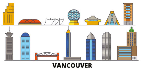 Wall Mural - Canada, Vancouver flat landmarks vector illustration. Canada, Vancouver line city with famous travel sights, design skyline. 