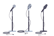 Microphones On Stand Vector Flat Set Of Modern And Retro Music Audio Equipment Isolated On White Background.