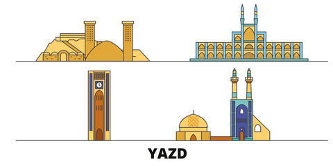 Wall Mural - Iran, Yazd flat landmarks vector illustration. Iran, Yazd line city with famous travel sights, design skyline. 