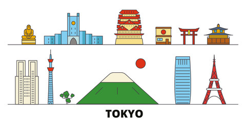 Wall Mural - Japan, Tokyo flat landmarks vector illustration. Japan, Tokyo line city with famous travel sights, design skyline. 