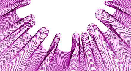 Vector abstract background with wave of flowing particles frame, smooth curve shape lines, particle array flow. 3d shape dots blended mesh, future technology useful border.