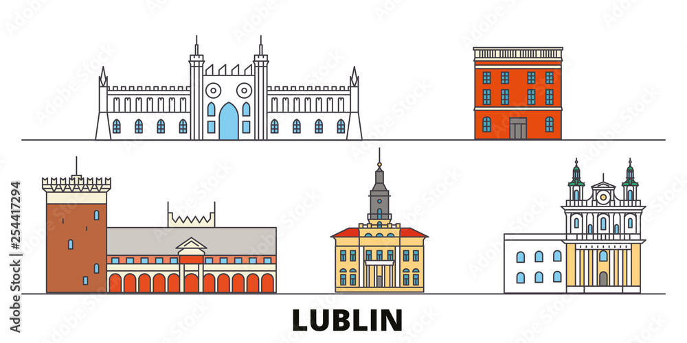 Poland, Lublin flat landmarks vector illustration. Poland, Lublin line city with famous travel sights, design skyline.  - obrazy, fototapety, plakaty 