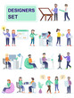 © alexdndz - Set of coworking space with creative people sitting at the table. Designers invent and develop creative product designs. Cartoon characters isolated on white background. Flat vector illustration.