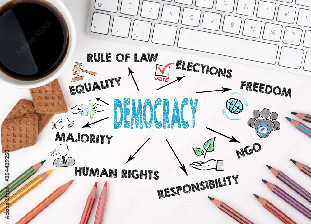 Democracy Visuals Simple Democracy Concept. Chart with keywords and icons. White office desk ...