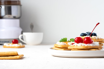 Sticker - Sweet spring breakfast. Cookies with ricotta and berries. Copy space.