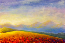 Original Oil Painting On Canvas Beautiful Sunset In Tuscany Artwork; Italy Landscape Modern Art Illustration.