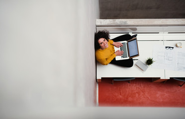 Wall Mural - A top view of young businesswoman sitting on desk in an office, using laptop.