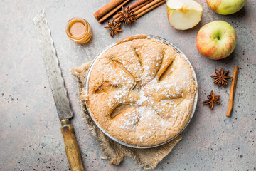 Apple pies and ingredients on gray background. Top view.