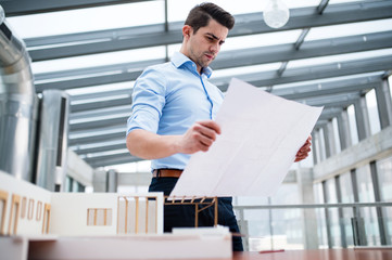 Wall Mural - Young businessman or architect with model of a house standing in office, working.