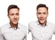 © nazarovsergey - Young man with an expressive face, wearing white shirt, isolated on white background