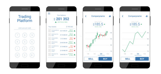 Trading mobile interface for stock exchange. Different screens. Modern design. Vector illustration