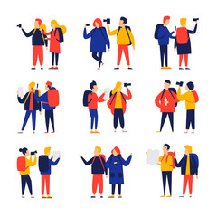 people travel with cameras and backpacks. flat style vector illustration.