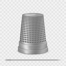 Creative Vector Illustration Of Needle, Thimble Isolated On Transparent White Background. Art Design Sewing Tailor Tools And Accessories. Abstract Concept Graphic Silver Metal Vintage Element
