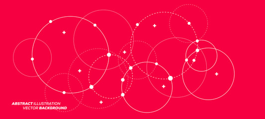 Abstract vector illustration with overlapping circles, dots and dashed circles. Science and connection concept. Wide molecule structure background.