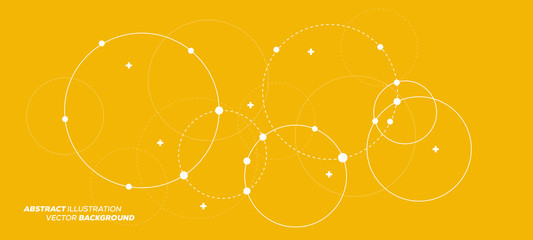 Abstract vector illustration with overlapping circles, dots and dashed circles. Science and connection concept. Wide molecule structure background.