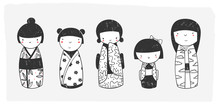 Cute Kokeshi Dolls. Various Characters. Traditional Japanese Toys. Kawaii Illustration. Hand Drawn Graphic Vector Set. Stamp Texture. All Elements Are Isolated