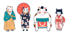 Various Cats Dressed In Traditional Japanese Clothes. Anthropomorphic Animals. Kawaii Illustration. Hand Drawn Colored Vector Set. All Elements Are Isolated