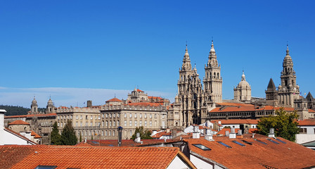 Panoramic view of the Cathedral in Santiago de Compostela, Galicia, Spain. It is a place of pilgrimage on the Way of Saint James.