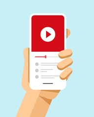 hand holds the smartphone with video file on the screen. flat vector modern phone mock-up illustrati