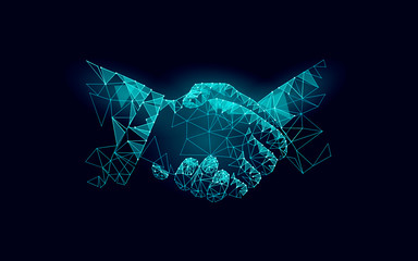 Two hands handshake business agreement. Low poly polygonal triangle professional work partnership. Office succsesfull teamwork vector illustration