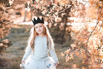 Poster - Stylish baby girl wearing princess dress and handmade black crown outdoors. Looking at camera. Spring season.