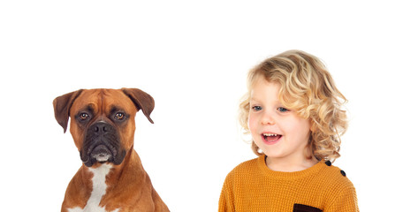 Wall Mural - Funny blond child and his dog