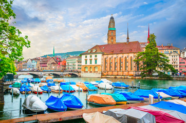 Wall Mural - Beautiful river Limmat and city center of Zurich, Switzerland