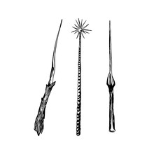 Set Of Magic Wands. Hand Drawn Sketch Illustration. Vector Black Ink Drawing Isolated On White Background. Grunge Style