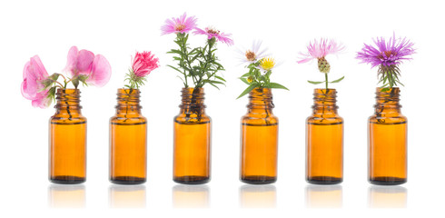 Bottle of essential oil with herbs - bach flower therapy. 