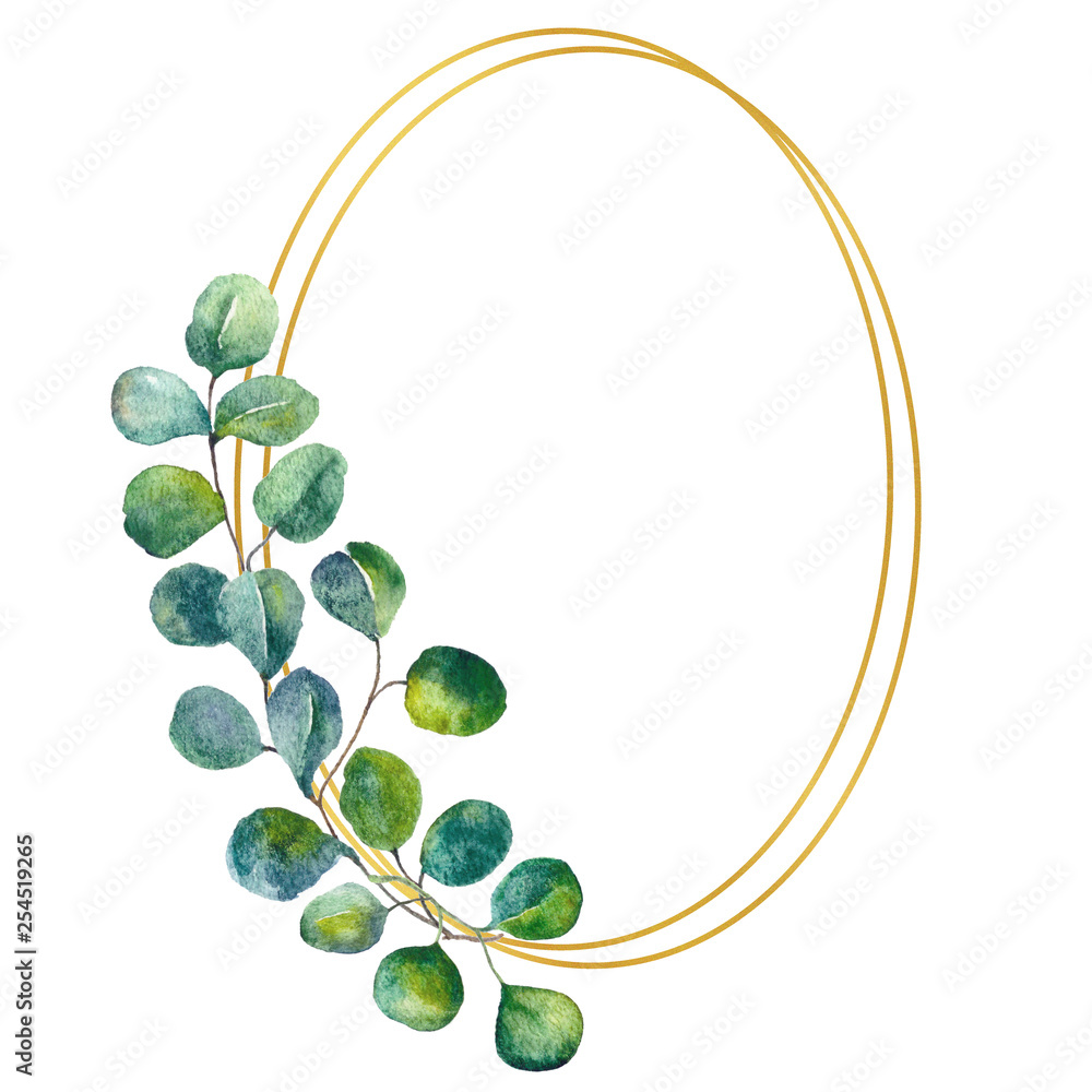 Watercolor eucalyptus golden frame. Frame with green leaves, foliage ...