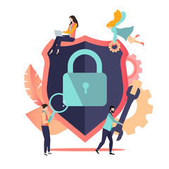 Online technologies, IT and internet security, data protection. Template with people and closed lock icon.