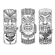 Set Of Wooden Tiki Idols. Sketch. Engraving Style. Vector Illustration.