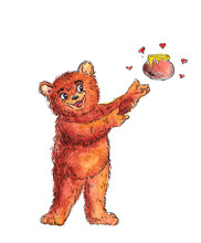 Brown Little Bear Pulls Foot For A Pot Of Honey