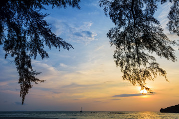 Wall Mural - Beautiful nature landscape of colorful the sun on the sky at Tarutao island beach during the sunset over the Andaman Sea under the tree shadow, Tarutao National Park, Satun, Thailand