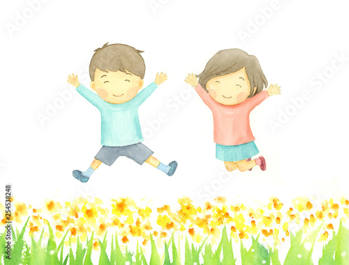 お花畑で遊ぶこども 水彩イラスト Stock Illustration Adobe Stock