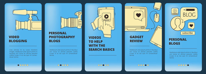 Blogger and Blog.Web page design template .Vector set of onboarding screens for mobile apps. Thin line flat concept . Video