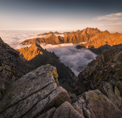 Wall Mural - Mountains Landscape with Inversion in the Valley at Sunset as seen From Rysy Peak in High Tatras, Slovakia